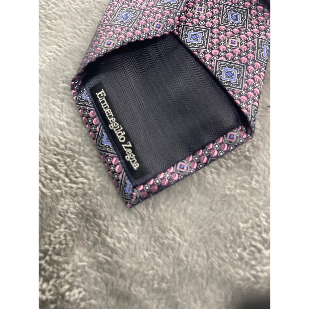 Ermenegildo Zegna Silk Necktie Pink Blue Square Geometric Pattern Luxury‎ - Picture 6 of 8